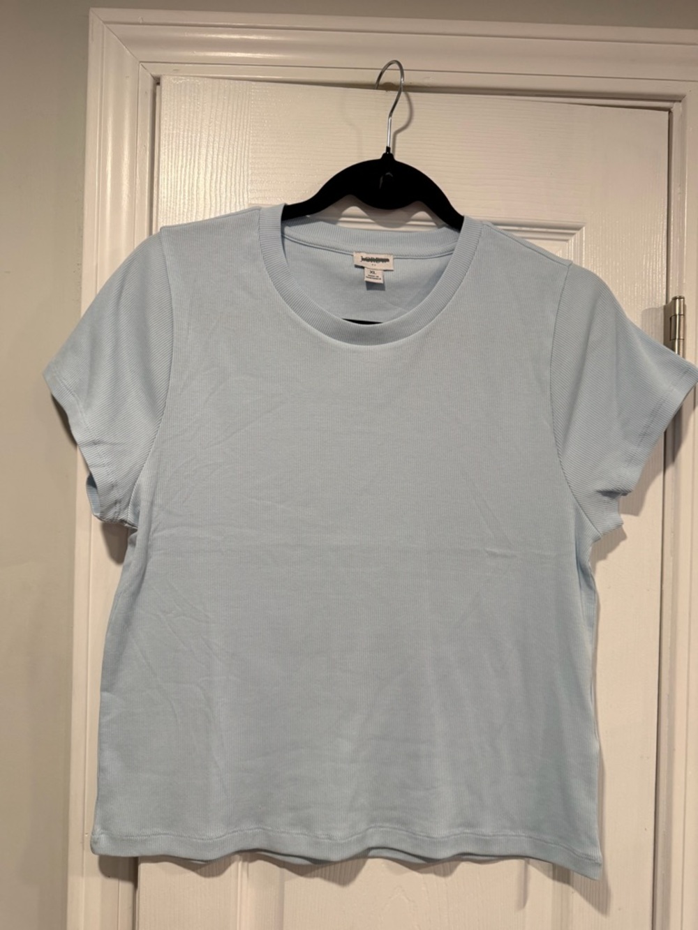 NWOT J. Crew Size XL Light Blue Crew Neck Short Sleeve Ribbed Stretch Top